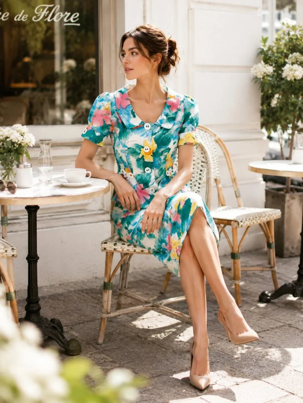 Vintage Equateur Paris Floral 2pc Skirt Suit French Puff Sleeve Set NOS Sz 42